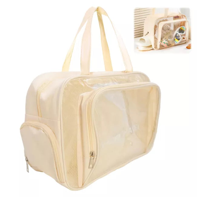 Large Clear Toiletry Bag with Shoe Compartment, Multi-Functional PVC Travel Tote, Durable and Versatile Organizer for Travel, Gym, Pool, and More, Beige, Fashionable