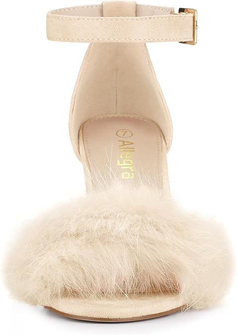 Allegra K Women's Faux Fur Ankle Strap Block Heels Sandals Size 6