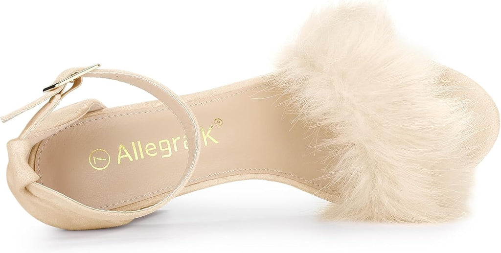Allegra K Women's Faux Fur Ankle Strap Block Heels Sandals Size 6