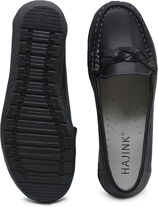 Women's Flats Casual Leather Loafer Black Ladies Slip-On Flat Shoes for Women Wo