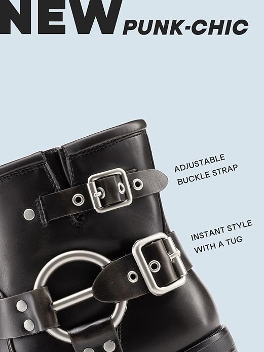 DREAM PAIRS Women's Ankle Boots Fashion Buckles Square Toe Motorcycle Riding Biker Boots Low Chunky Heel Fall Booties Shoes