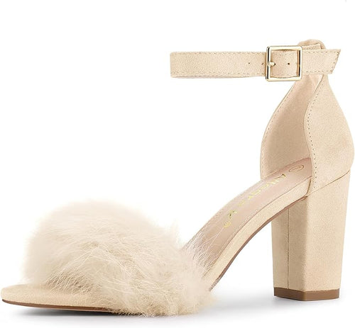 Allegra K Women's Faux Fur Ankle Strap Block Heels Sandals Size 6