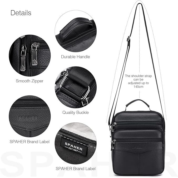 Mens Leather Crossbody Bags Messenger Bag Shoulder Bag Business Satchel Fashion Travel Bag Handbag Adjustable Shoulder Strap