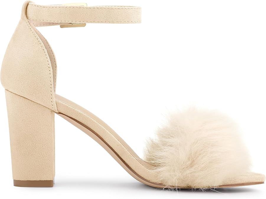 Allegra K Women's Faux Fur Ankle Strap Block Heels Sandals Size 6