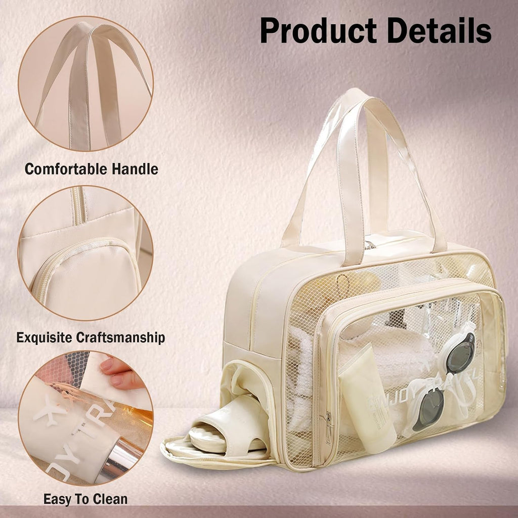 Large Clear Toiletry Bag with Shoe Compartment, Multi-Functional PVC Travel Tote, Durable and Versatile Organizer for Travel, Gym, Pool, and More, Beige, Fashionable