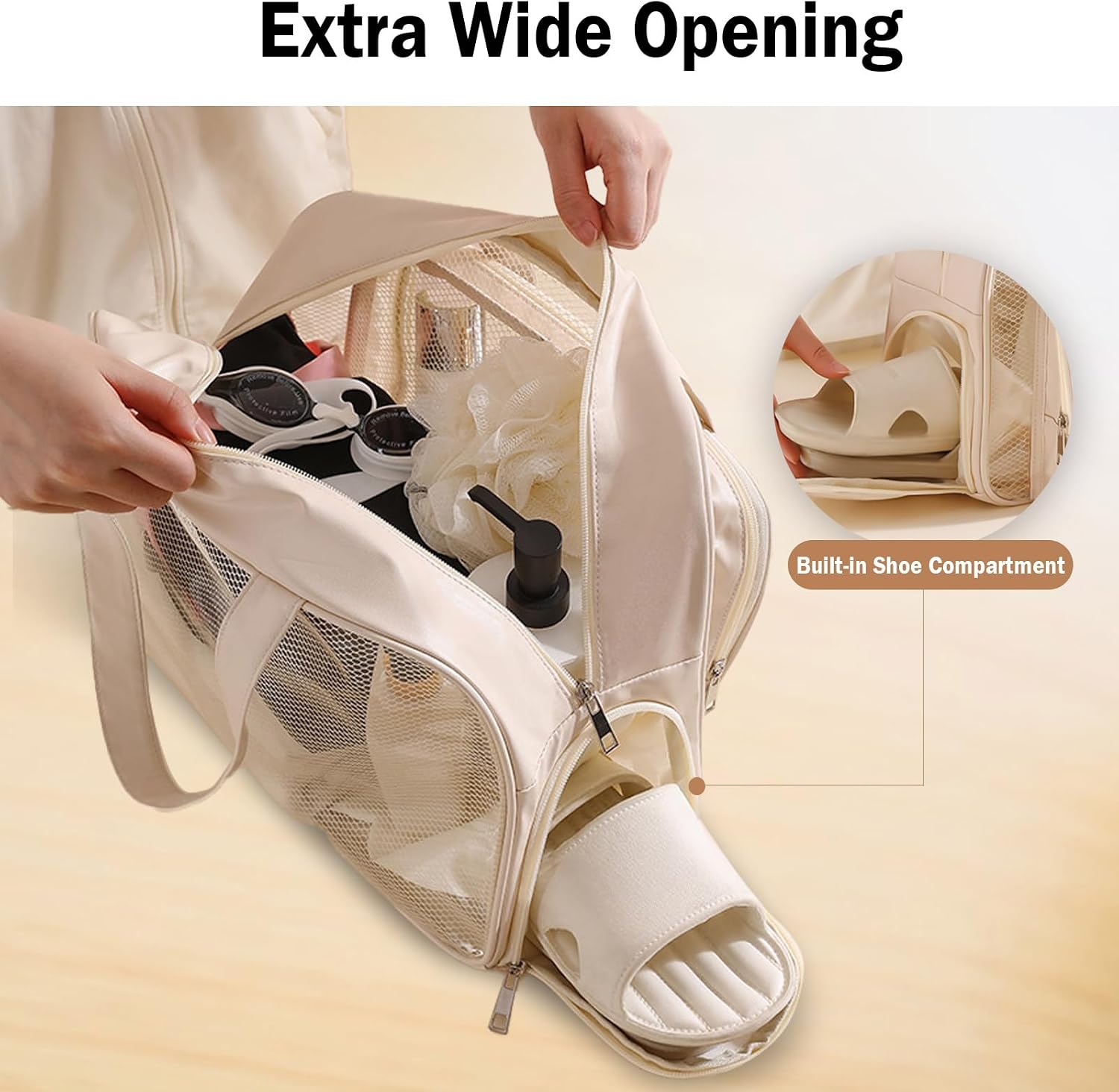 Large Clear Toiletry Bag with Shoe Compartment, Multi-Functional PVC Travel Tote, Durable and Versatile Organizer for Travel, Gym, Pool, and More, Beige, Fashionable