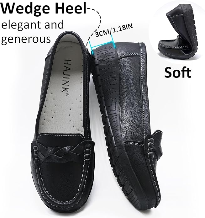 Women's Flats Casual Leather Loafer Black Ladies Slip-On Flat Shoes for Women Wo