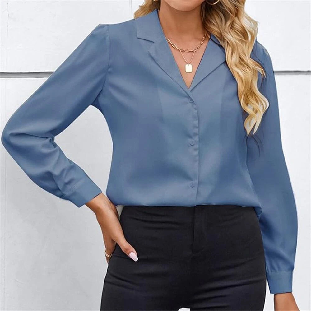 Women's Elegant Work Office Blouse Collar V Neck Long Sleeve Button Do