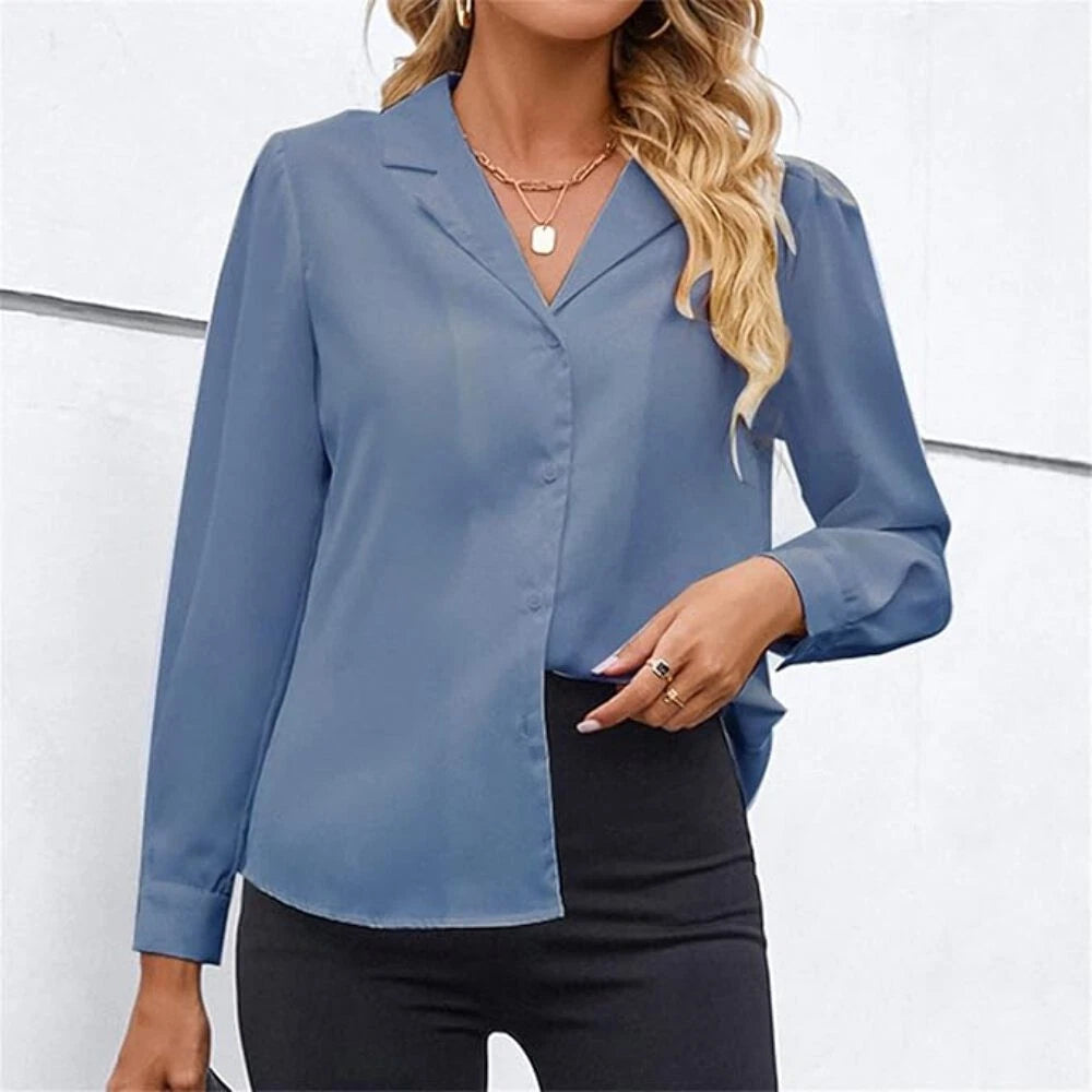 Women's Elegant Work Office Blouse Collar V Neck Long Sleeve Button Do