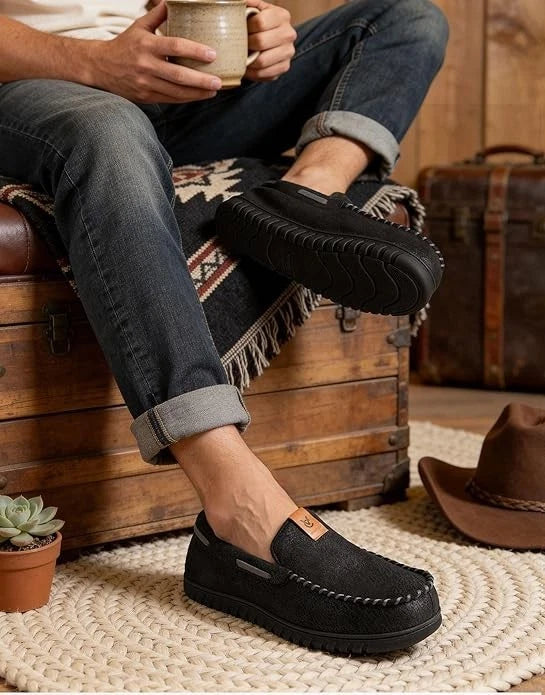 VeraCosy Men's Classic Moccasin Slippers Faux Suede Memory Foam Closed Back Indo