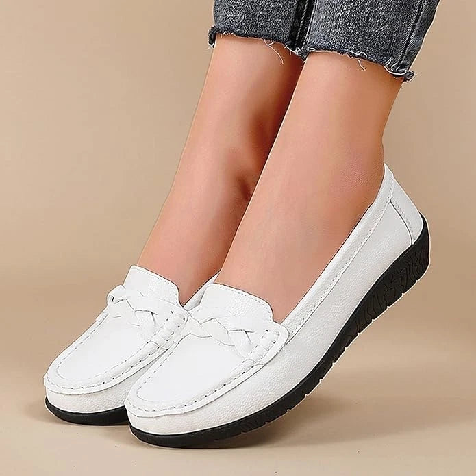 Women's Flats Casual Leather Loafer Ladies Slip-On White Flat Shoes for Women