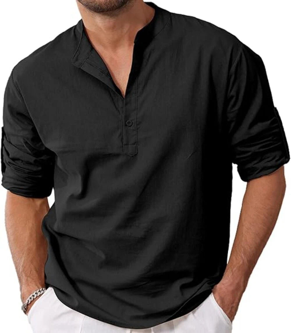 VANVENE Men's Cotton Linen T-Shirt Button Henley Shirt Long Sleeve Casual Beach