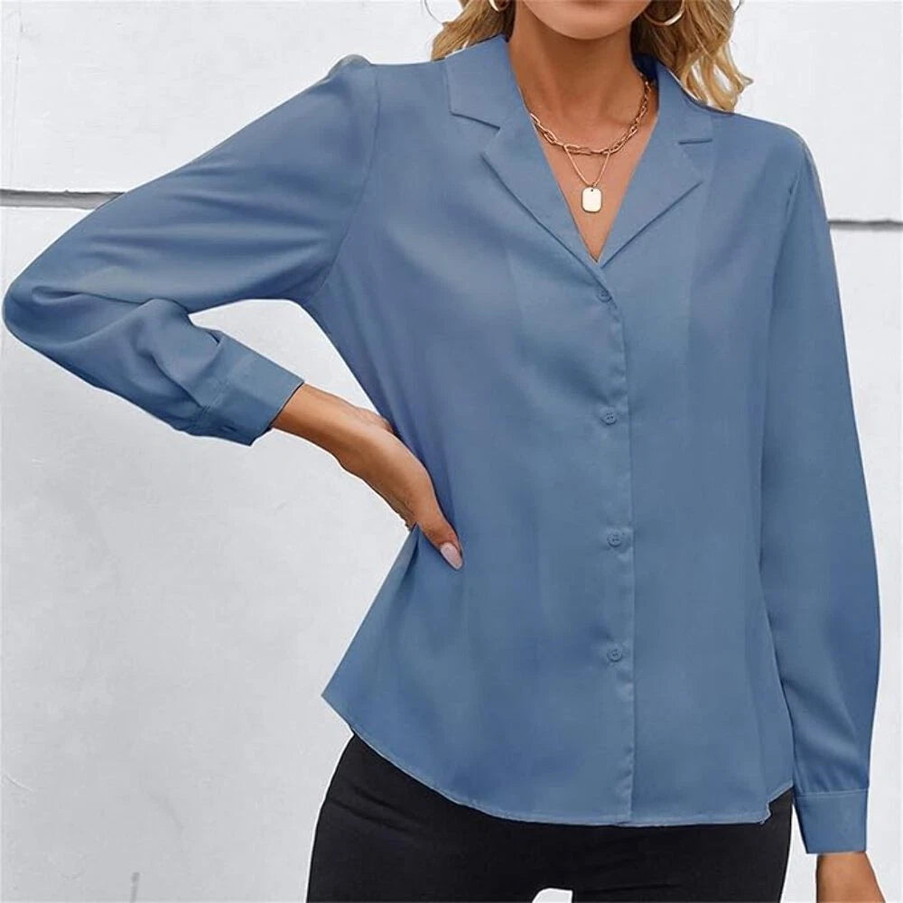 Women's Elegant Work Office Blouse Collar V Neck Long Sleeve Button Do